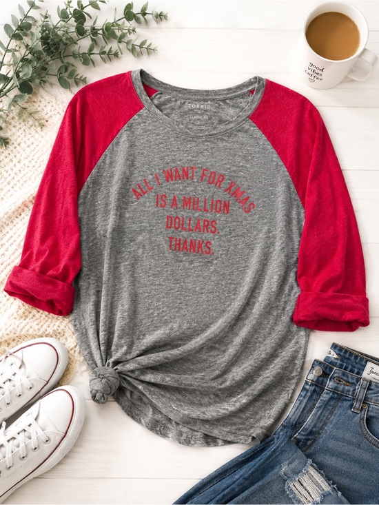 torrid Tops - torrid Gray & Red Raglan Graphic Tee - Holiday Money Message